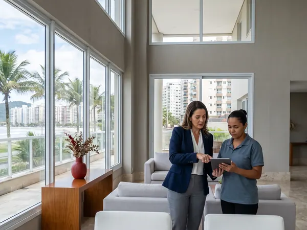 Equipe da Lumen atendendo síndico em condomínio residencial